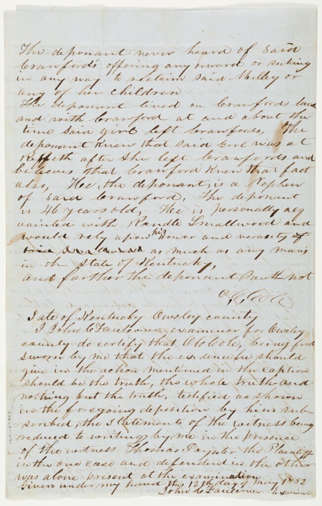 A. C. Cole deposition in the case of Valentine Crawford v. Thomas Paynter, 1852 May 12, page 2 - Redd, Thomas