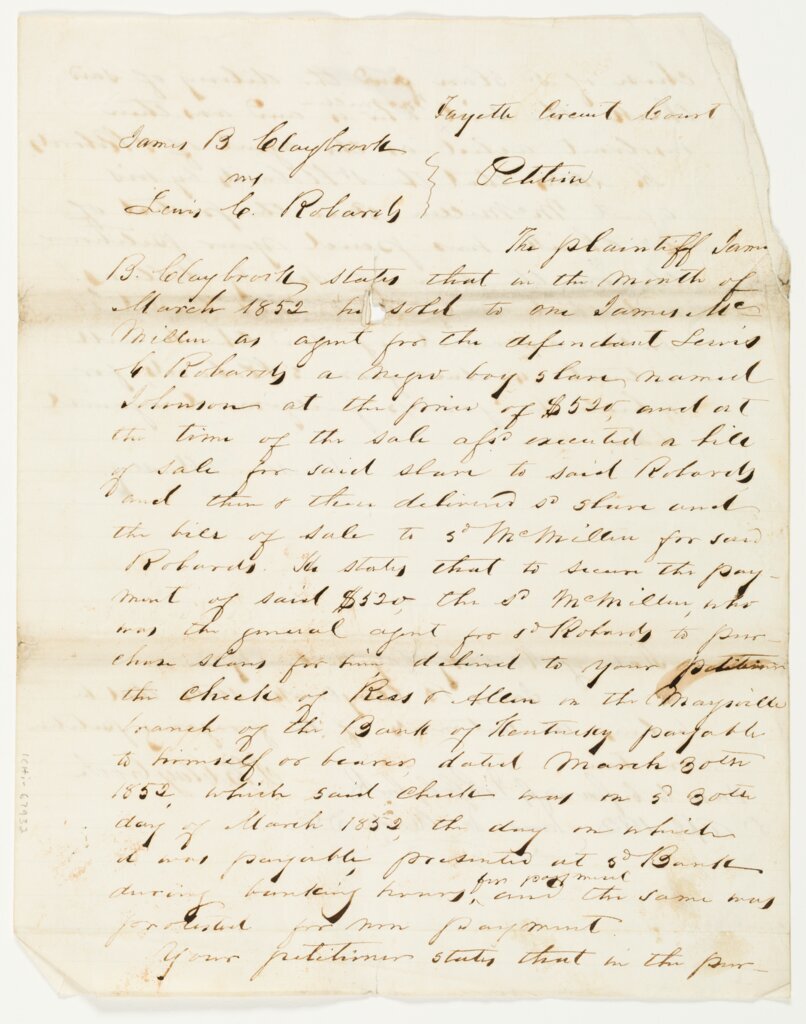 James B. Claybrook petition against Lewis C. Robards, 1832 April 5, page 1 - Dudley, B.