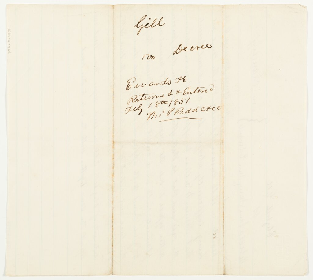 Elizabeth Gill vs. Rebecca Jane Edwards and Mary Ann Edwards legal document, 1851 July 18, verso - Redd, L.
