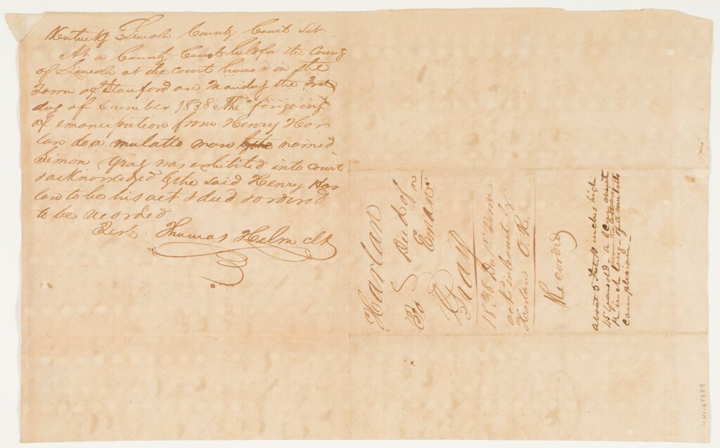 Simon Gray deed of emancipation, 1838 October 20, verso - Harlan, Henry