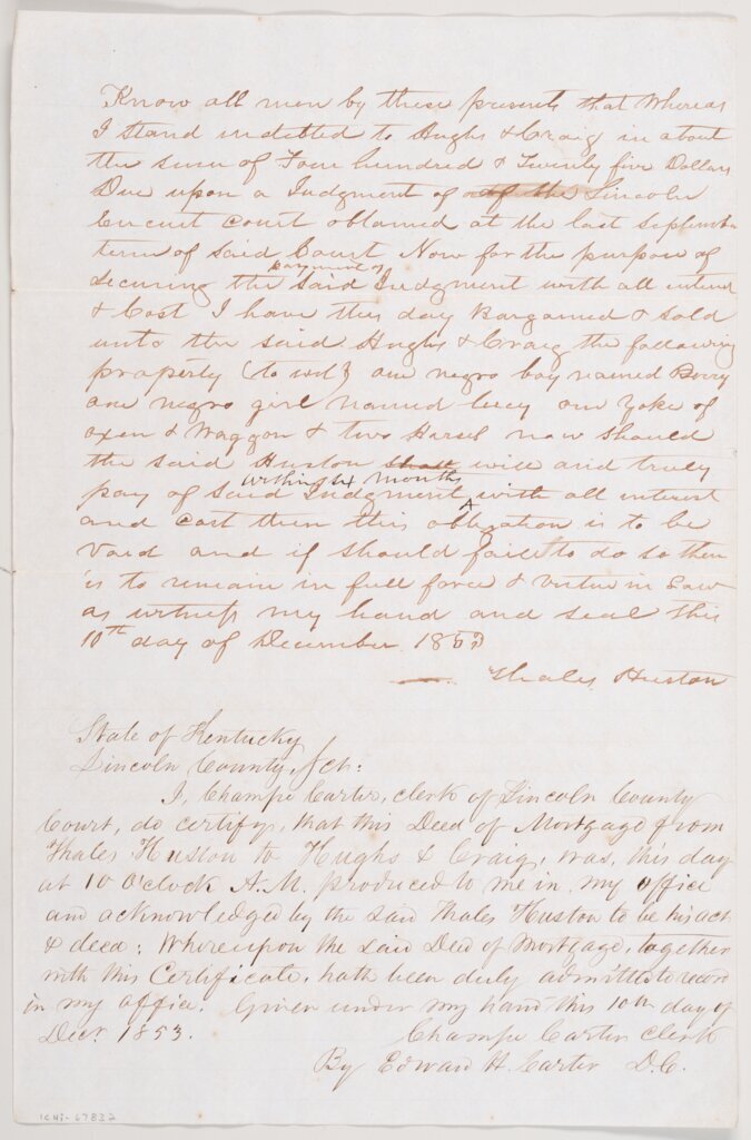 Thales Huston deed of mortgage, 1853 December 10, recto - Huston, Thales