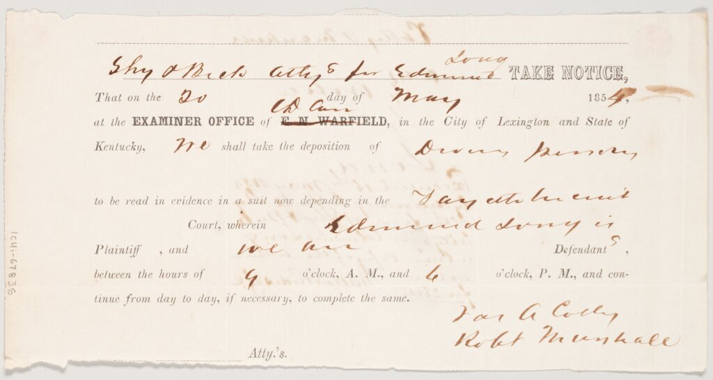 Edmund Long deposition notice, 1854 May 16, recto - Carr, C.D.