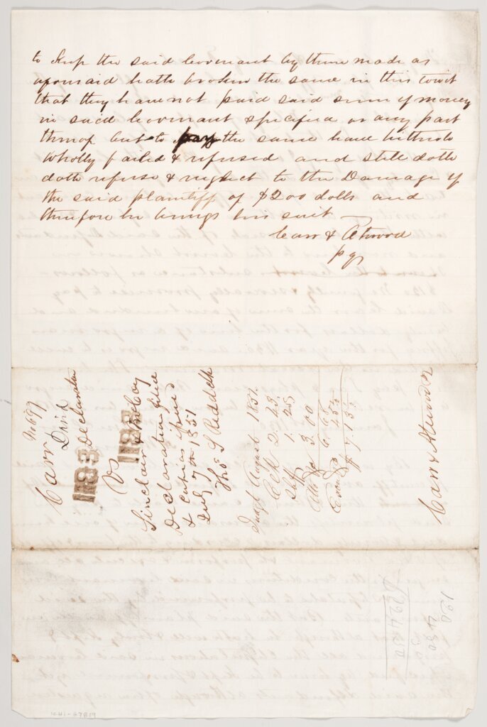 David Carr v. M.W. Sinclair and Alexander McCoy legal document, 1851 July 7, verso