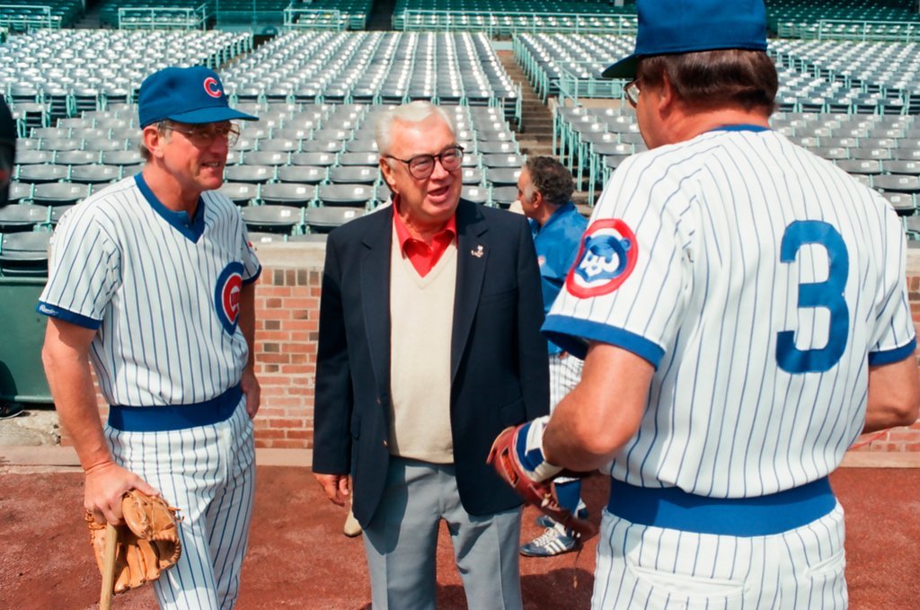 Harry Caray greeting fans and players at Wrigley Field - Chicago Sun-Times