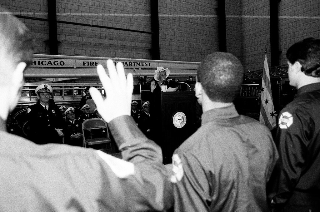 Jane Byrne swears in new firefighters - Chicago Sun-Times