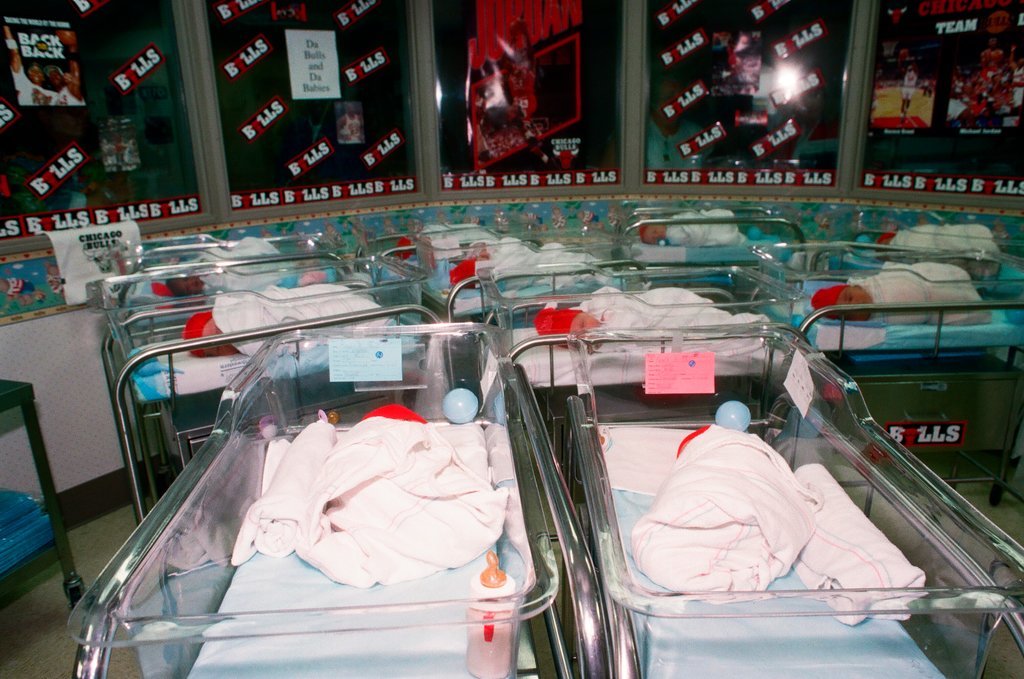 Newborns in nursery decorated in support of Chicago Bulls in the NBA Finals - Chicago Sun-Times