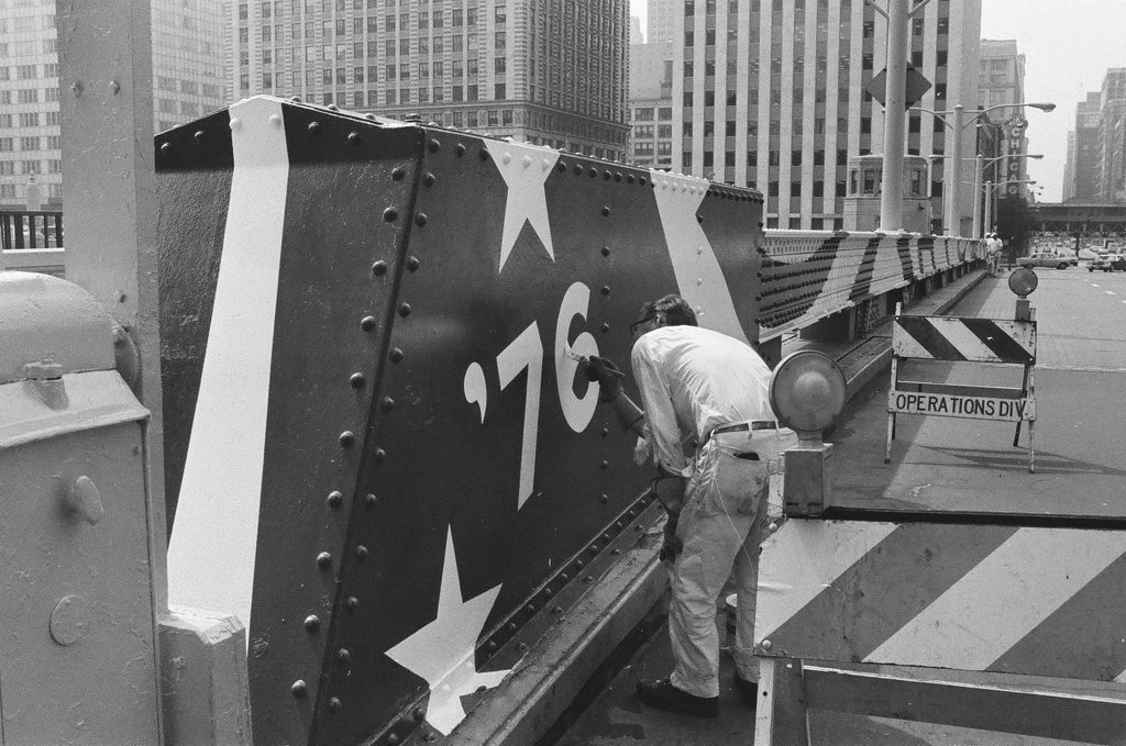 State Street Bridge decorated for Bicentennial - John Tweedle for Chicago Sun-Times