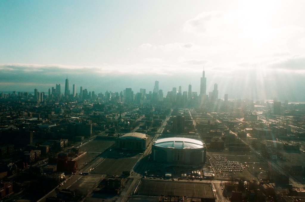 Aerial and fisheye shots of the exterior of the United Center - Chicago Sun-Times