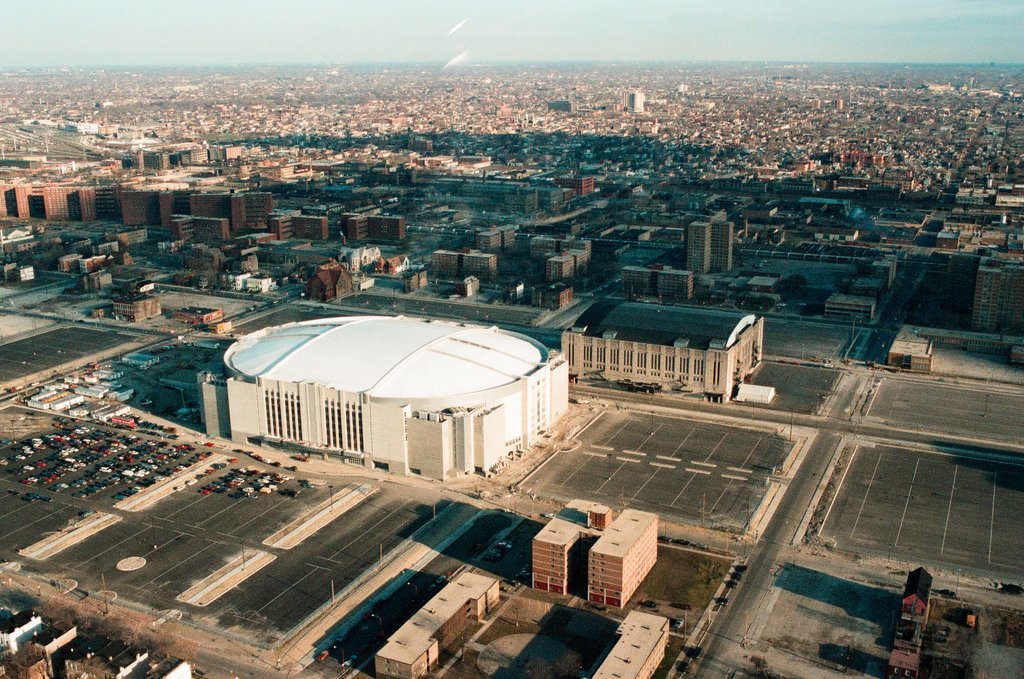 Aerial and fisheye shots of the exterior of the United Center - Chicago Sun-Times