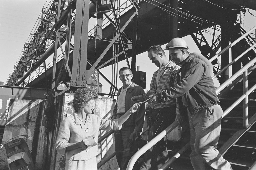 Eunice Kennedy Shriver campaigns at steel mill - Carmen Reporto for Chicago Sun-Times