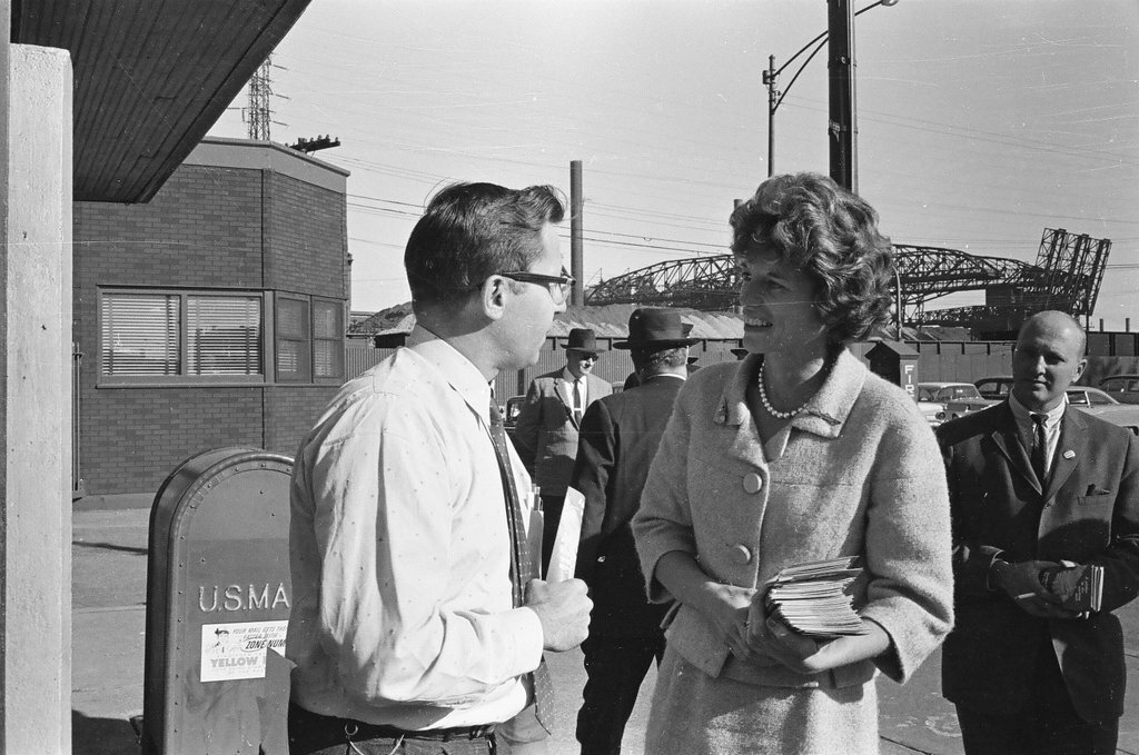 Eunice Kennedy Shriver campaigns at steel mill - Carmen Reporto for Chicago Sun-Times