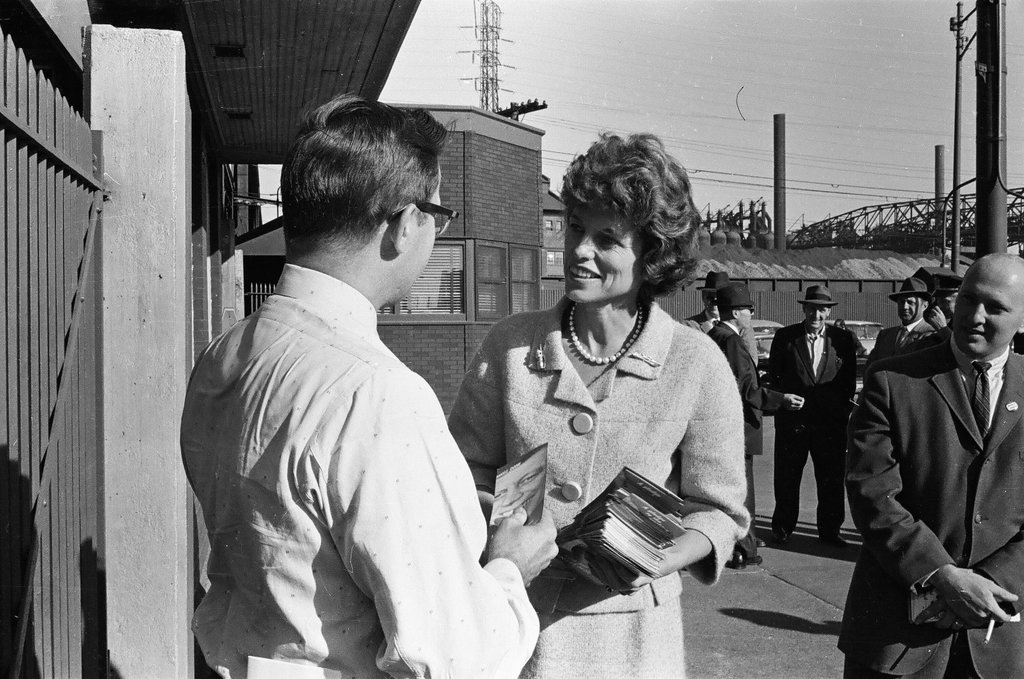 Eunice Kennedy Shriver campaigns at steel mill - Carmen Reporto for Chicago Sun-Times