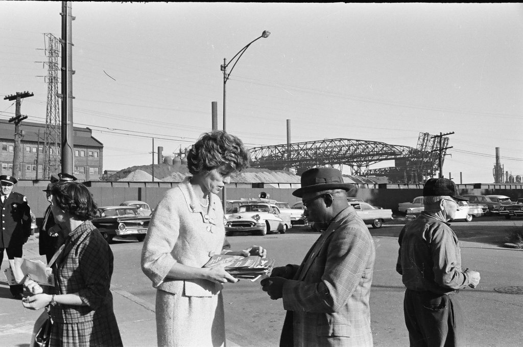 Eunice Kennedy Shriver campaigns at steel mill - Carmen Reporto for Chicago Sun-Times