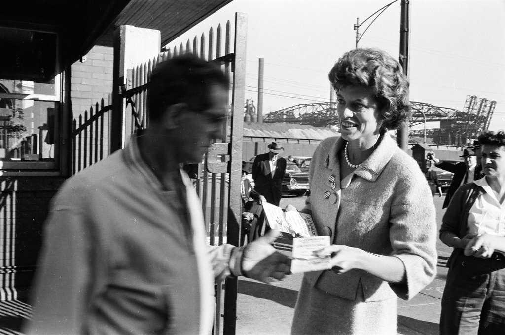 Eunice Kennedy Shriver campaigns at steel mill - Carmen Reporto for Chicago Sun-Times