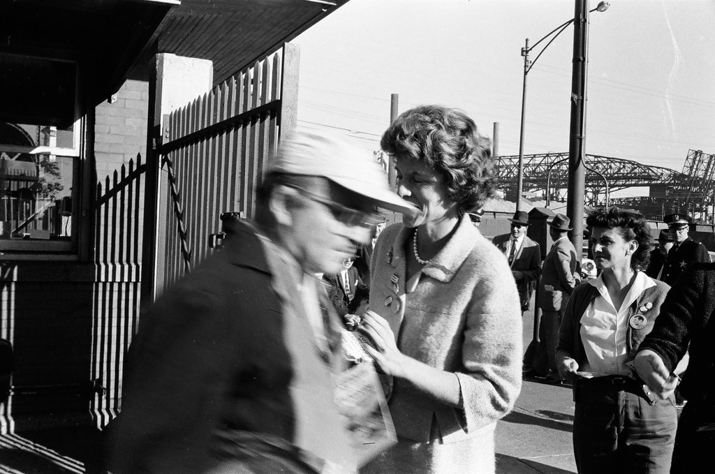 Eunice Kennedy Shriver campaigns at steel mill - Carmen Reporto for Chicago Sun-Times