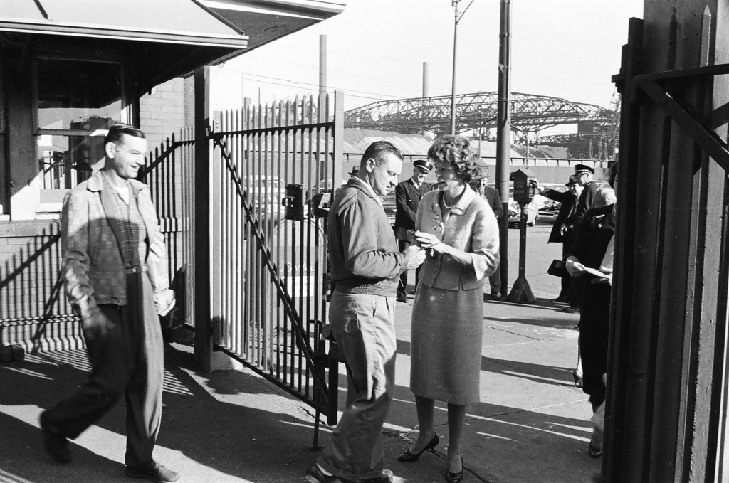 Eunice Kennedy Shriver campaigns at steel mill - Carmen Reporto for Chicago Sun-Times