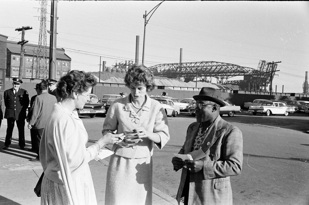 Eunice Kennedy Shriver campaigns at steel mill - Carmen Reporto for Chicago Sun-Times