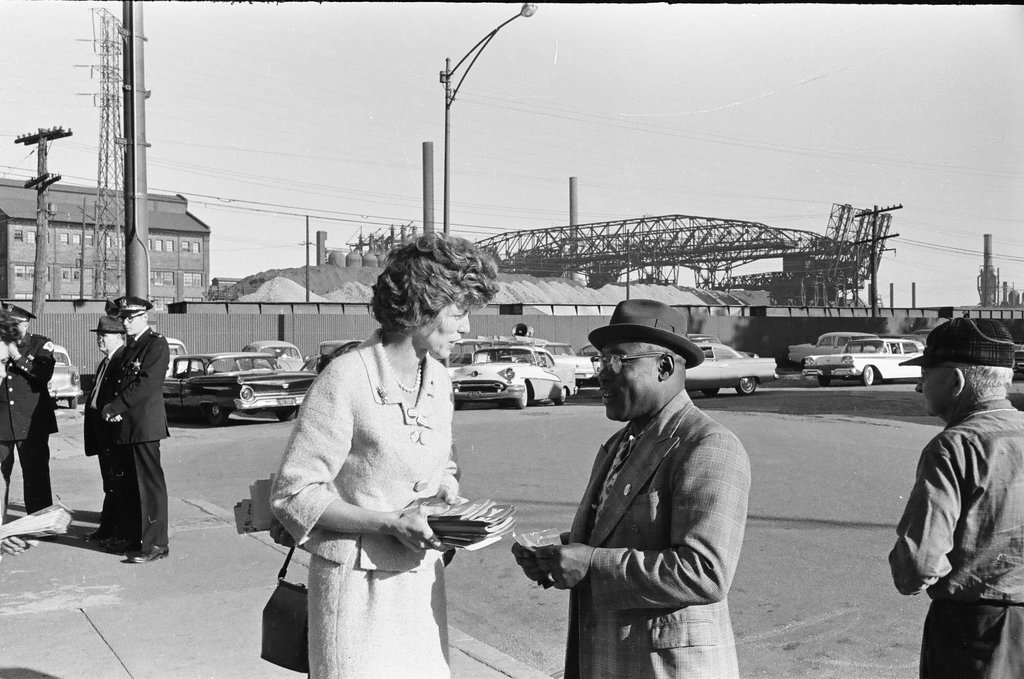 Eunice Kennedy Shriver campaigns at steel mill - Carmen Reporto for Chicago Sun-Times
