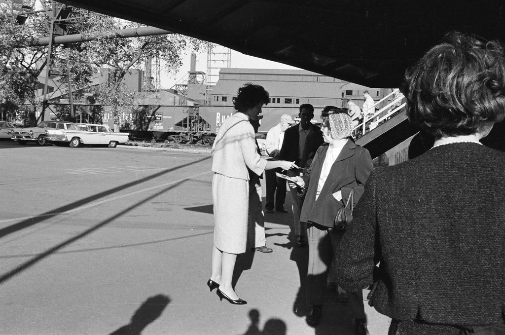 Eunice Kennedy Shriver campaigns at steel mill - Carmen Reporto for Chicago Sun-Times