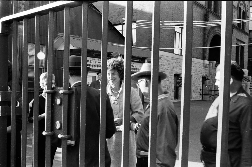 Eunice Kennedy Shriver campaigns at steel mill - Carmen Reporto for Chicago Sun-Times