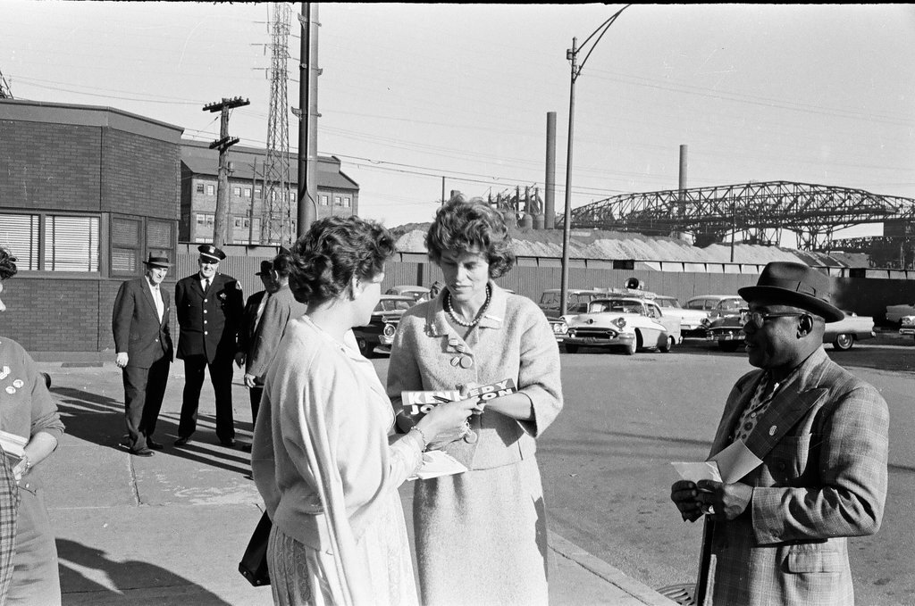 Eunice Kennedy Shriver campaigns at steel mill - Carmen Reporto for Chicago Sun-Times