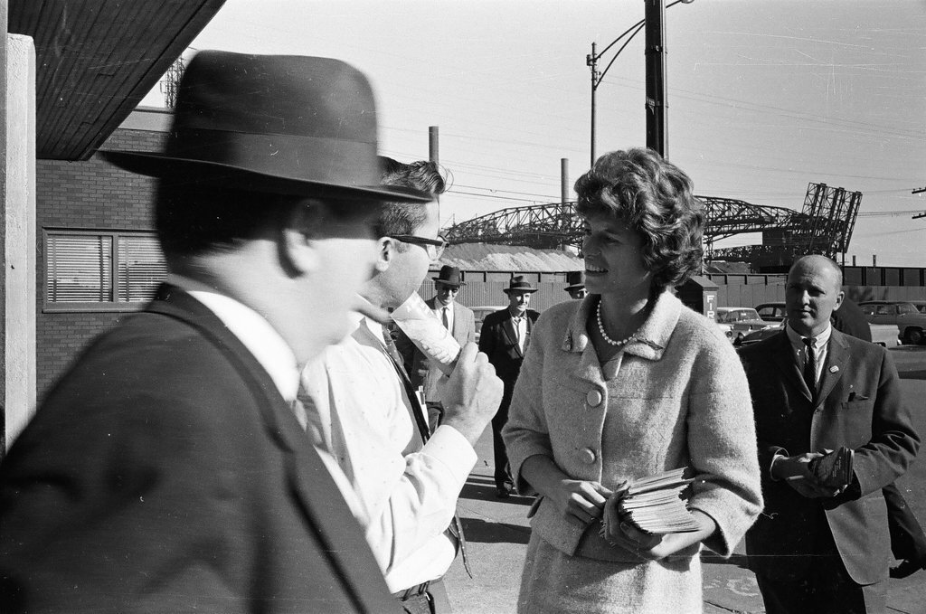 Eunice Kennedy Shriver campaigns at steel mill - Carmen Reporto for Chicago Sun-Times