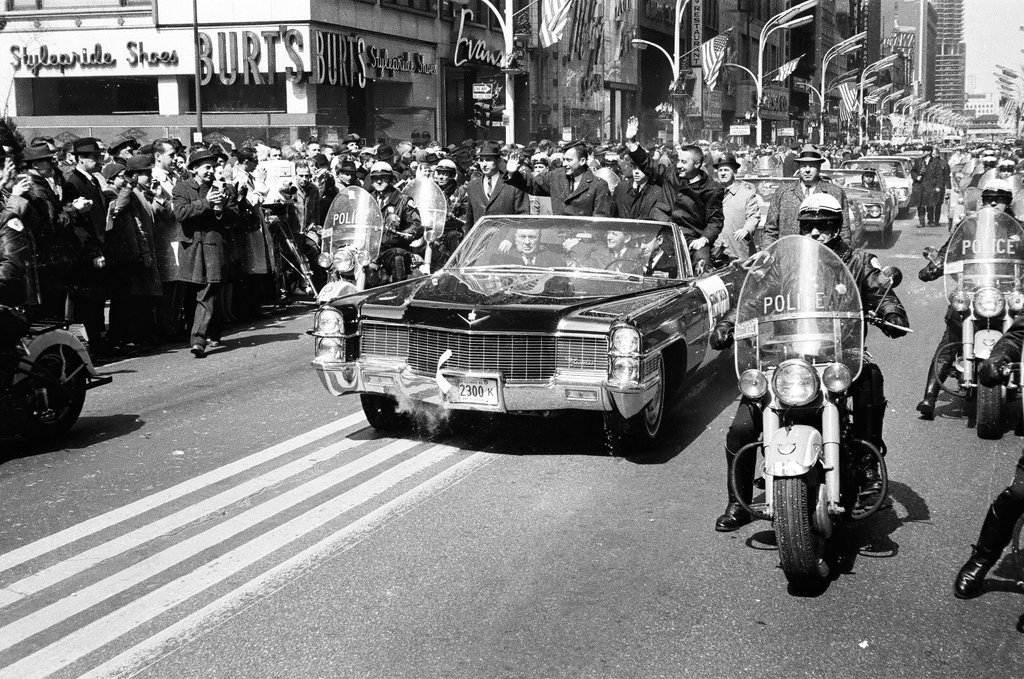 Astronauts Grissom and Young ride in car en route to parade - Bud Daley for Chicago Sun-Times