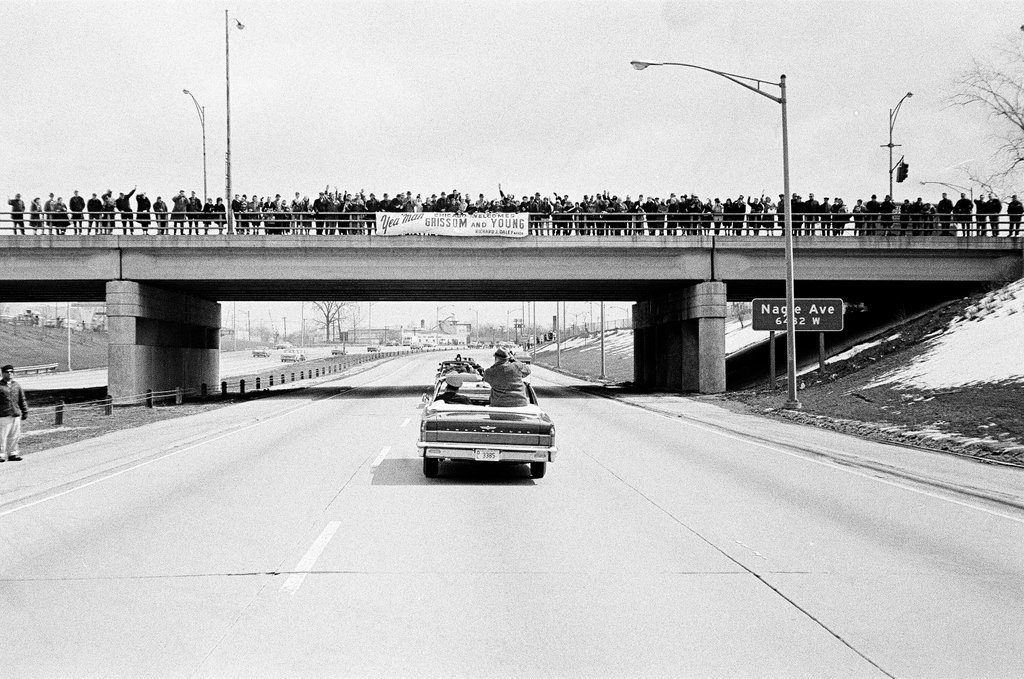 Astronauts Grissom and Young ride in car en route to parade - Bud Daley for Chicago Sun-Times