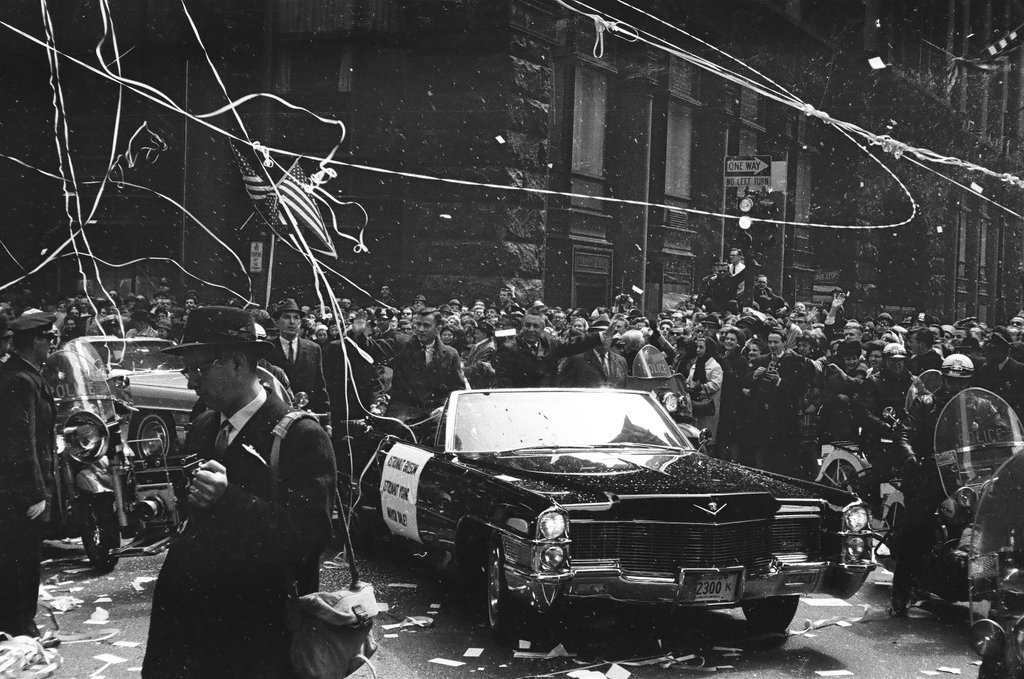 Astronauts Grissom and Young ride in car en route to parade - Bud Daley for Chicago Sun-Times