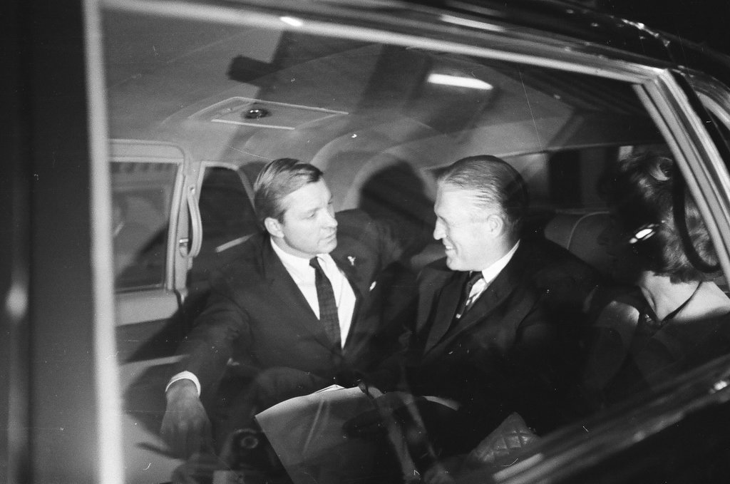 George Romney, wife sit in limo with Senator Charles Percy - Mickey Rito for Chicago Sun-Times
