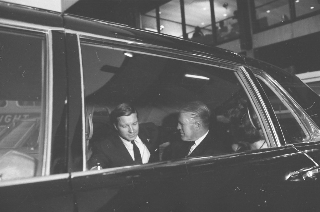 George Romney, wife sit in limo with Senator Charles Percy - Mickey Rito for Chicago Sun-Times