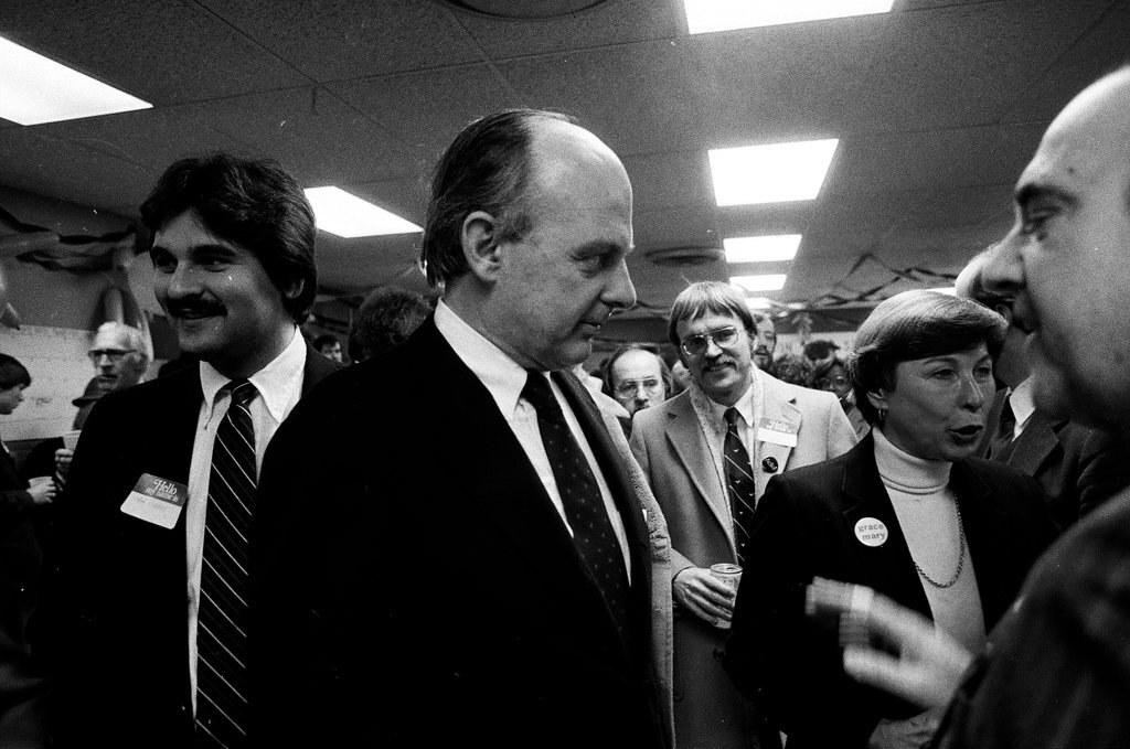 Adlai Stevenson III and Grace Mary Stern open campaign headquarters - Bob (Robert) Black for Chicago Sun-Times