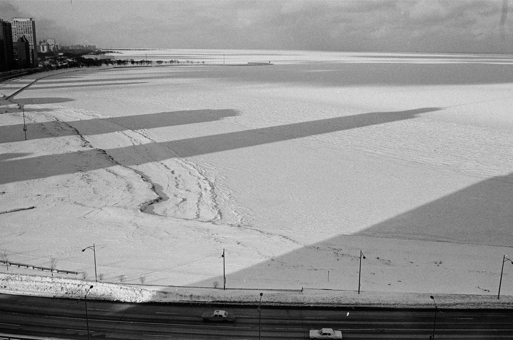 Building shadows on Oak Street Beach in winter - Chicago Sun-Times
