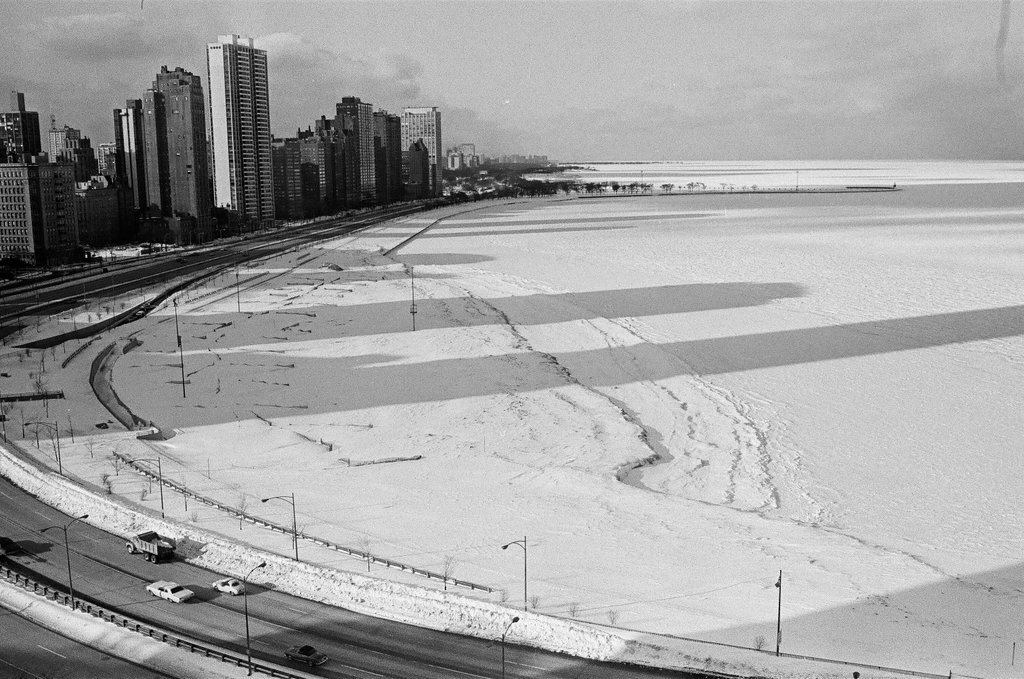 Building shadows on Oak Street Beach in winter - Chicago Sun-Times