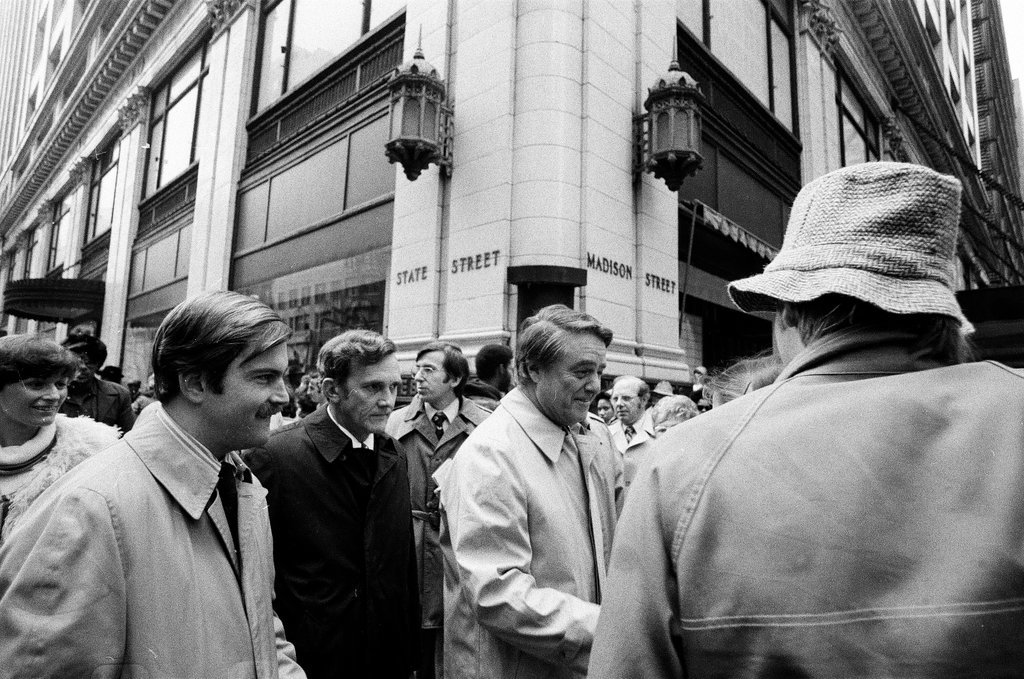 Sargent R. Shriver greets people on the street - Howard D. Simmons for Chicago Sun-Times