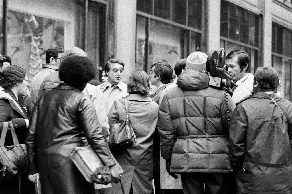 Sargent R. Shriver greets people on the street - Howard D. Simmons for Chicago Sun-Times