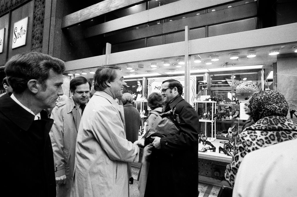 Sargent R. Shriver greets people on the street - Howard D. Simmons for Chicago Sun-Times