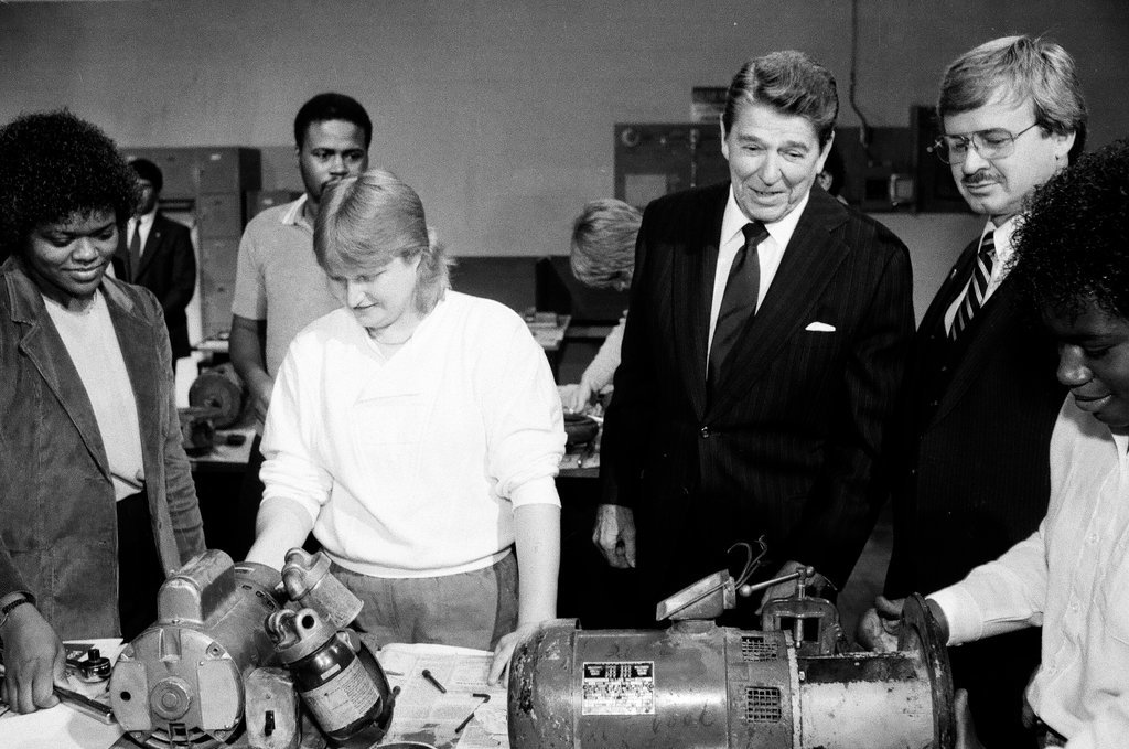 President Ronald Reagan tours WILCO Area Career Center - Al Podgorski for Chicago Sun-Times