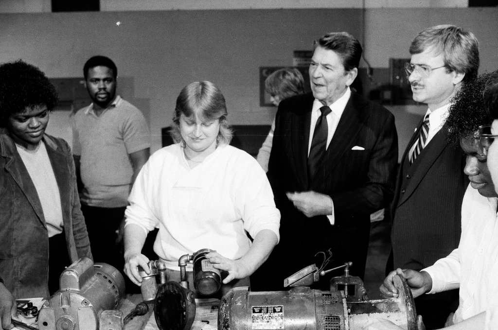 President Ronald Reagan tours WILCO Area Career Center - Al Podgorski for Chicago Sun-Times