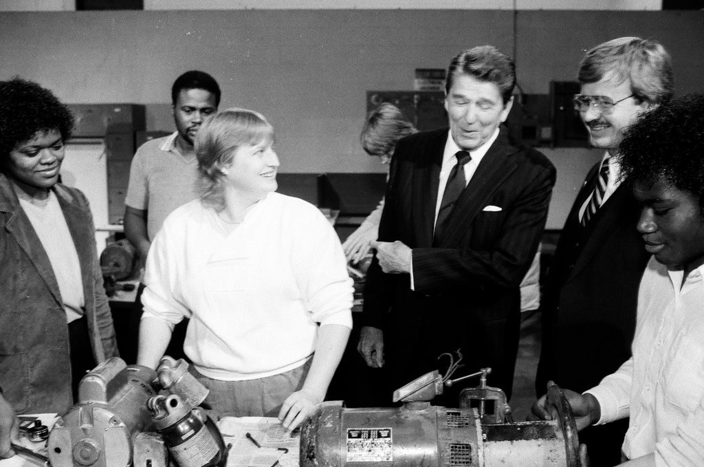 President Ronald Reagan tours WILCO Area Career Center - Al Podgorski for Chicago Sun-Times
