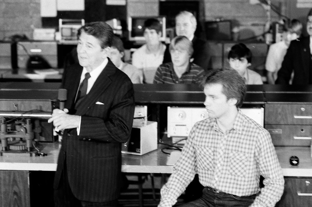 President Ronald Reagan tours WILCO Area Career Center - Al Podgorski for Chicago Sun-Times