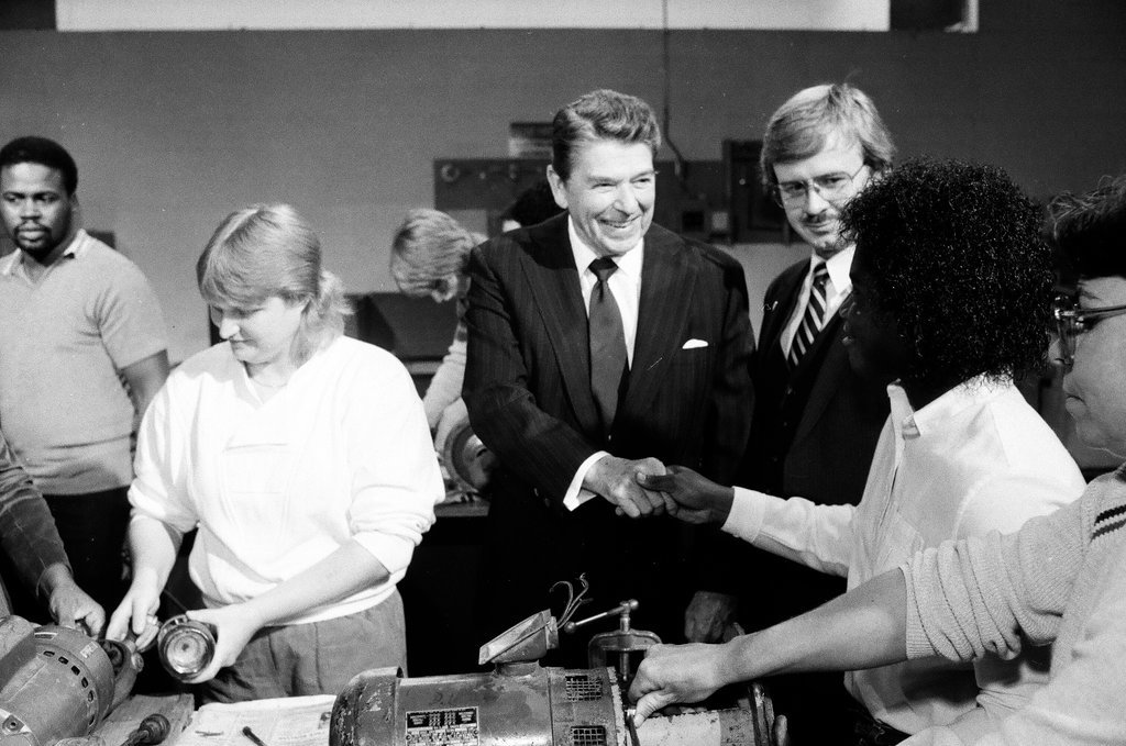 President Ronald Reagan tours WILCO Area Career Center - Al Podgorski for Chicago Sun-Times