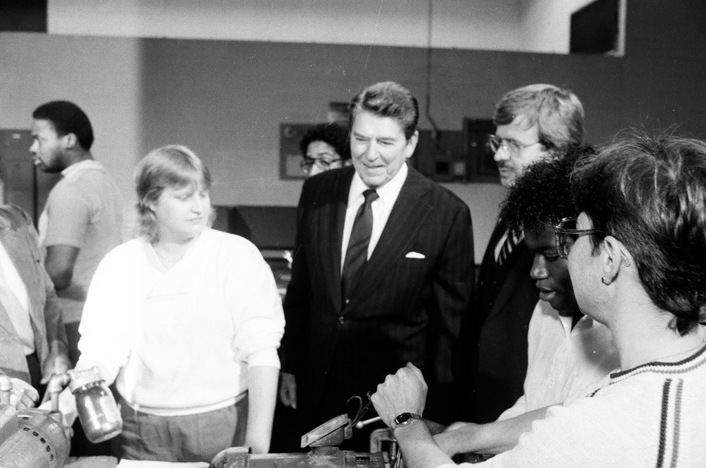 President Ronald Reagan tours WILCO Area Career Center - Al Podgorski for Chicago Sun-Times