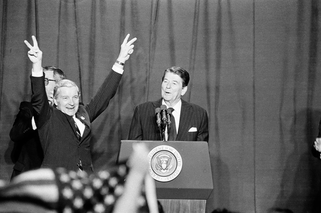 President Ronald Reagan speaks at Bolingbrook High School - Jarvinen for Chicago Sun-Times
