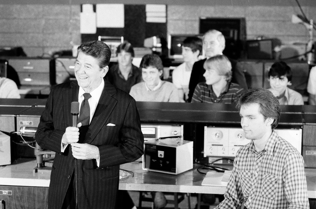 President Ronald Reagan tours WILCO Area Career Center - Al Podgorski for Chicago Sun-Times
