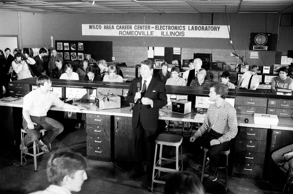 President Ronald Reagan tours WILCO Area Career Center - Al Podgorski for Chicago Sun-Times