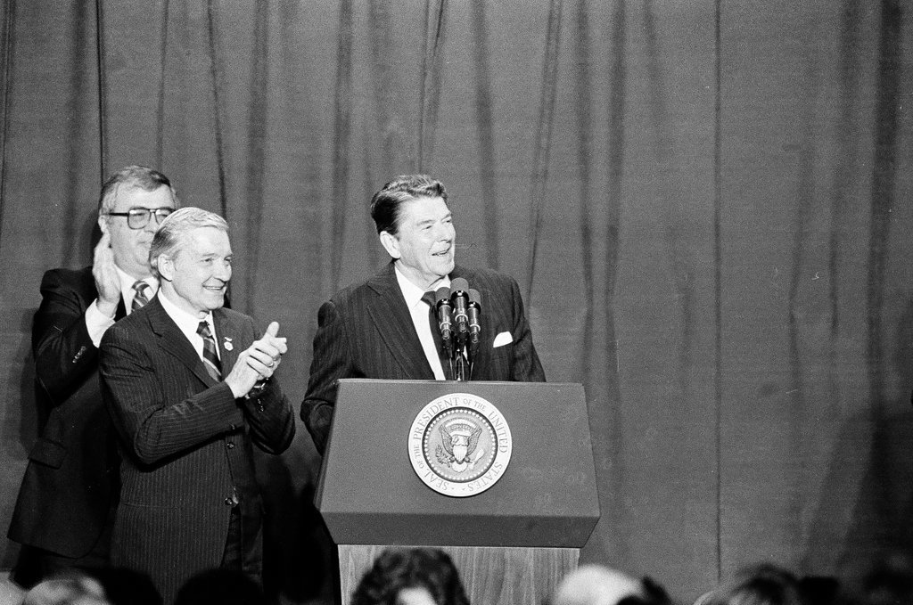 President Ronald Reagan speaks at Bolingbrook High School - Jarvinen for Chicago Sun-Times