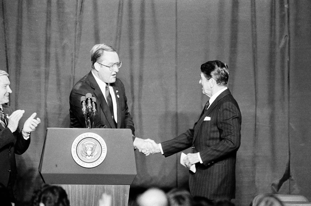 President Ronald Reagan speaks at Bolingbrook High School - Jarvinen for Chicago Sun-Times