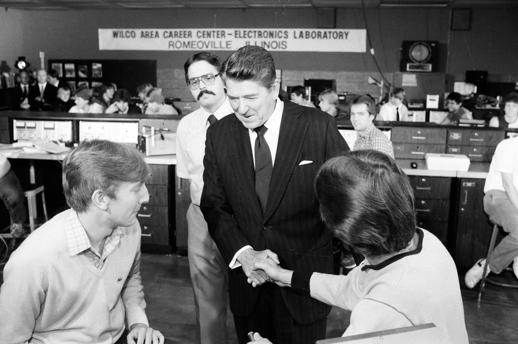 President Ronald Reagan tours WILCO Area Career Center - Al Podgorski for Chicago Sun-Times