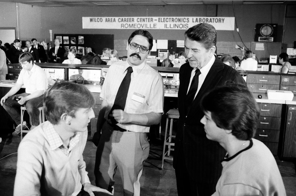 President Ronald Reagan tours WILCO Area Career Center - Al Podgorski for Chicago Sun-Times